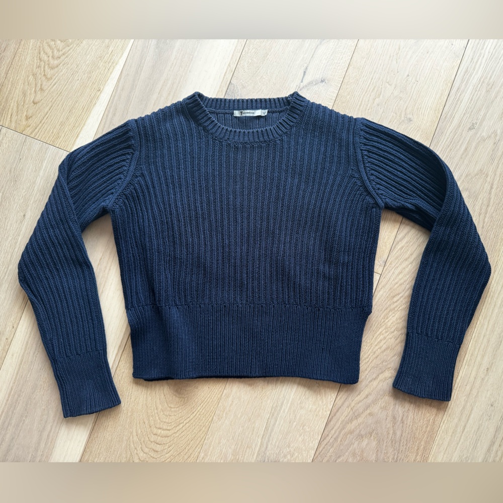 T by Alexander Wang Navy Blue Ribbed Chunky Cotton Crewneck Crop Sweater Small